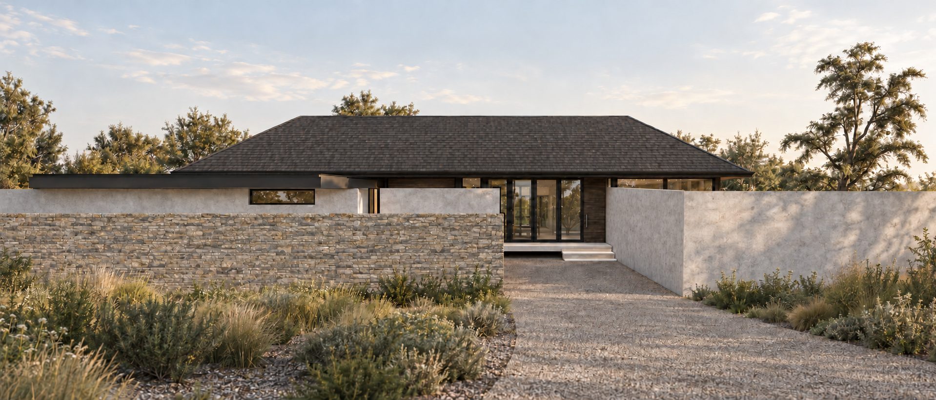 Casa Correa Steerwater, Chillán: vivienda de un piso con cubierta de cuatro aguas, muros de piedra y estuco. Render con IA.